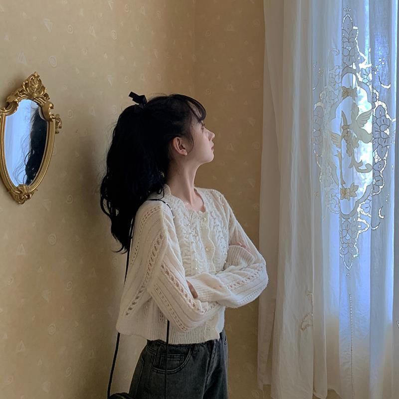 Áo khoác cardigan dệt kim mỏng chống nắng đính hạt phong cách hoài cổ thời trang