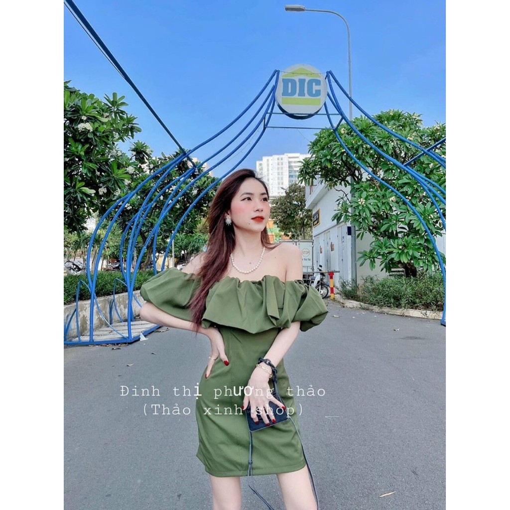 váy trễ vai màu xanh rêu siêu xinh chuẩn mẩu ảnh m990