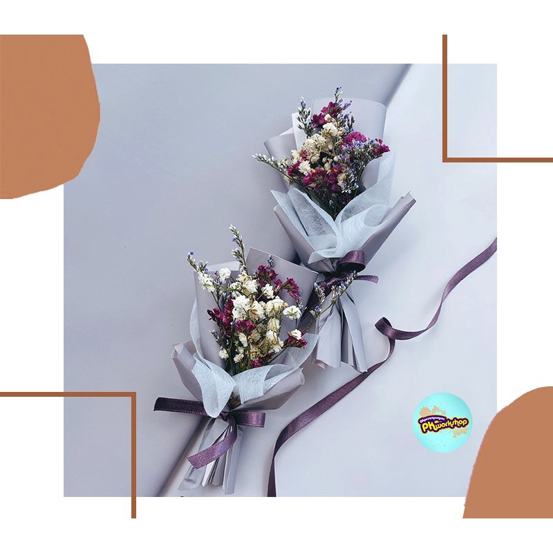 Bó hoa khô mini trang trí, decor hộp quà tone Xám/Đỏ