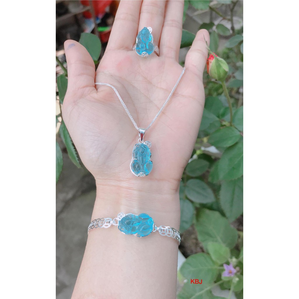 Bộ trang sức bạc thật mặt đá tỳ hưu phong thuỷ 3 món dây chuyền lắc tay nhẫn