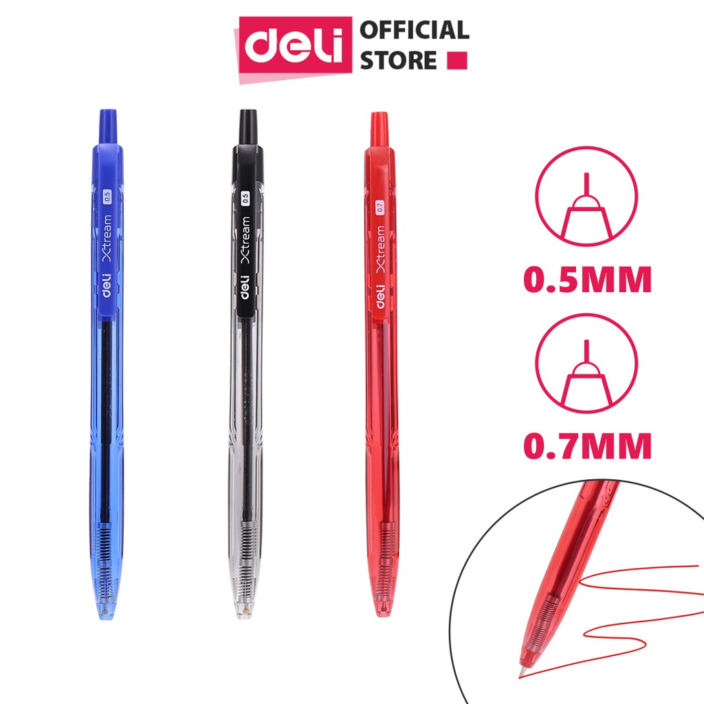 Bút bi đầu bấm ngòi 0.5mm 0.7mm Deli mực xanh đen đỏ nét viết đều chất lượng cao phù hợp với học sinh và văn phòng