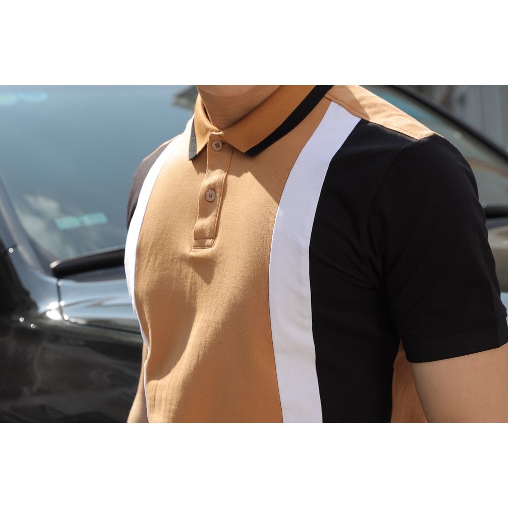Áo thun Polo nam Nâu tay Màu cổ bẻ eMOTiON, Áo phông vải Cotton phối màu trẻ trung