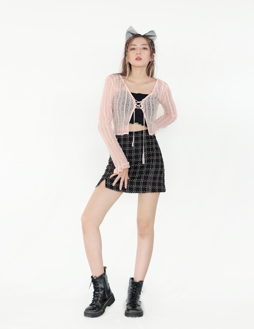 Áo cardigan ren tay dài hồng pastel và đen DALLA SAIGON | BigBuy360 - bigbuy360.vn