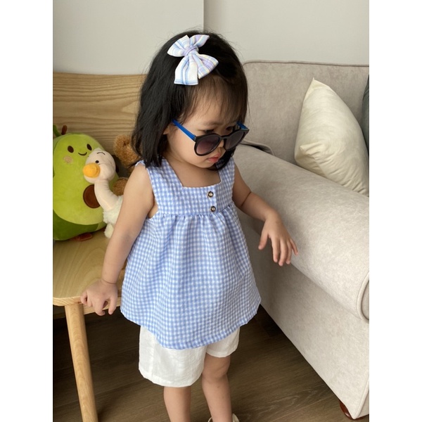 Bộ sát nách cổ vuông dáng baby doll caro xanh cho bé gái MIAN Baby