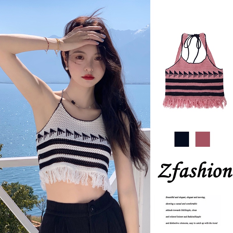 Áo Hai Dây Dệt Tay Phối Tua Rua Thời Trang Mùa Hè Quyến Rũ Cho Nữ