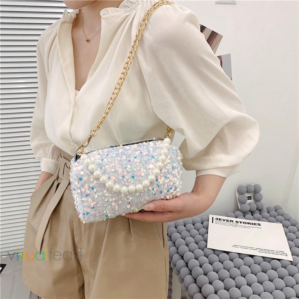 ❤Túi Xách Đeo Vai Hình Trụ Đính Kim Sa Ngọc Trai Phối Dây Xích Thời Trang Cho Nữ
