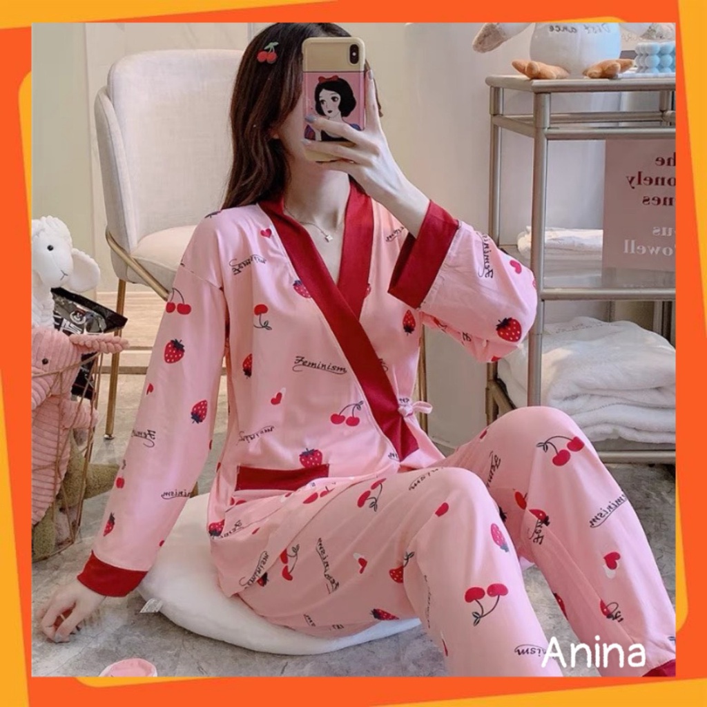 Bộ đồ bầu thu đông - Đồ bộ bầu dài tay KIMONO NHẬT BẢN chất thun sữa hoạt tiết dễ thương BD948