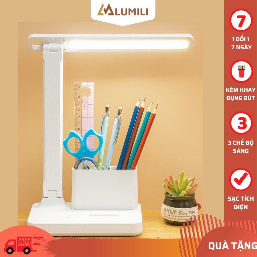 đèn học để bàn ba chế độ ánh sáng chống cận thị kèm khay để bút thước thông minh có nút bấm cảm ứng, sạc tích điện