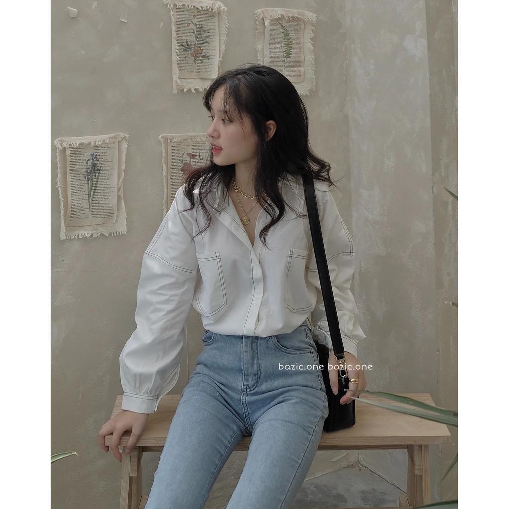Áo sơ mi nữ dài tay Cheapy chỉ nổi form rộng túi ngực đen trắng cho học sinh kiểu Hàn Quốc C43