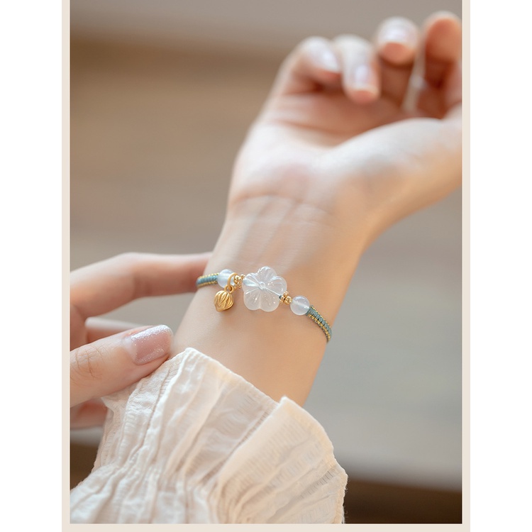 [Hàng Mới] Vòng Tay Dây Bện Đính Đá Mã Não Trắng Phong Cách Retro