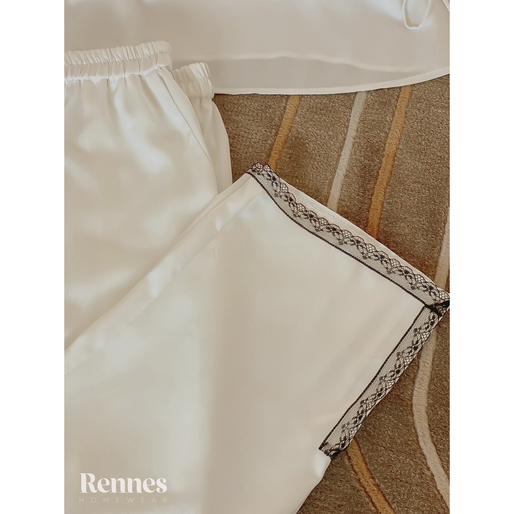 Áo 2 dây viền ren lụa kèm quần lụa dài Rennes thiết kế, chất liệu cao cấp bộ ngủ mặc nhà sang chảnh