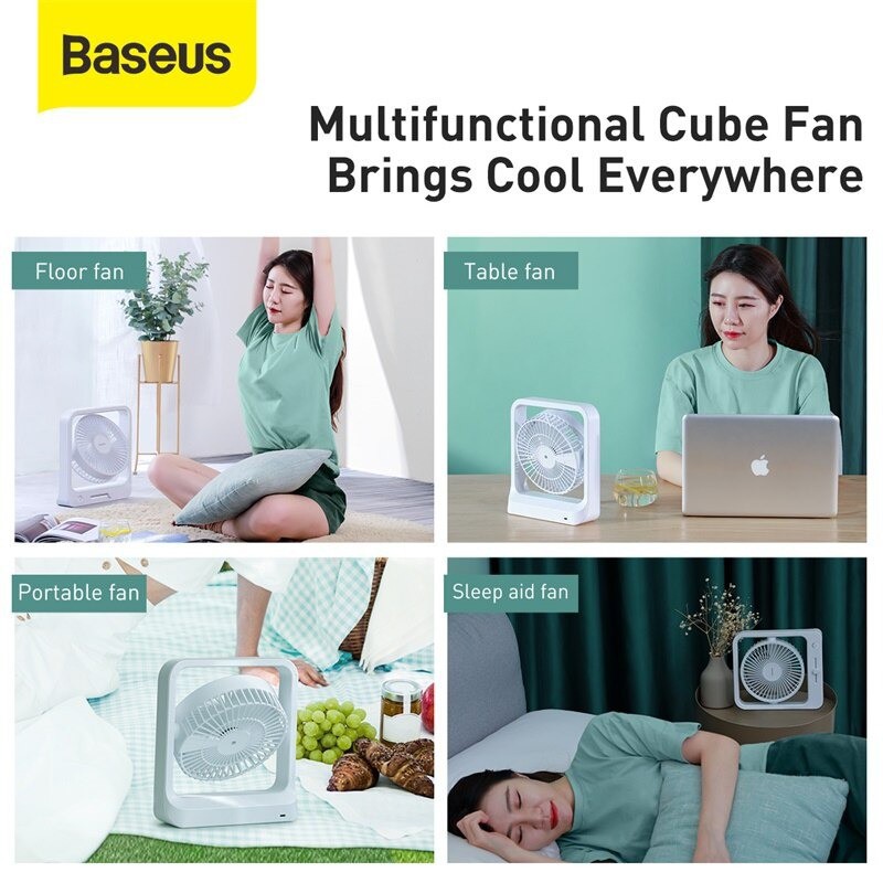 Quạt Mini Để Bàn BASEUS Cube Shaking Fan CXMF02 Tự Động Quay Tích Điện Pin Sạc Siêu Bền 5400mah Hoạt Động Liên Tục 18h