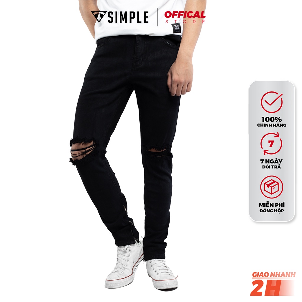 Quần Jean Nam Đen TSIMPLE rách gối chất bò cao cấp co giãn form slimfit QJRZ01