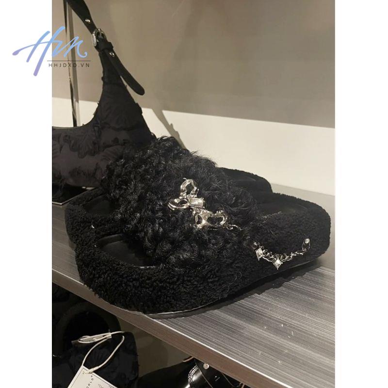 Dép Lông Xù Quai Ngang Dày Dặn Ấm Áp Thời Trang Thu Đông Dành Cho Nữ