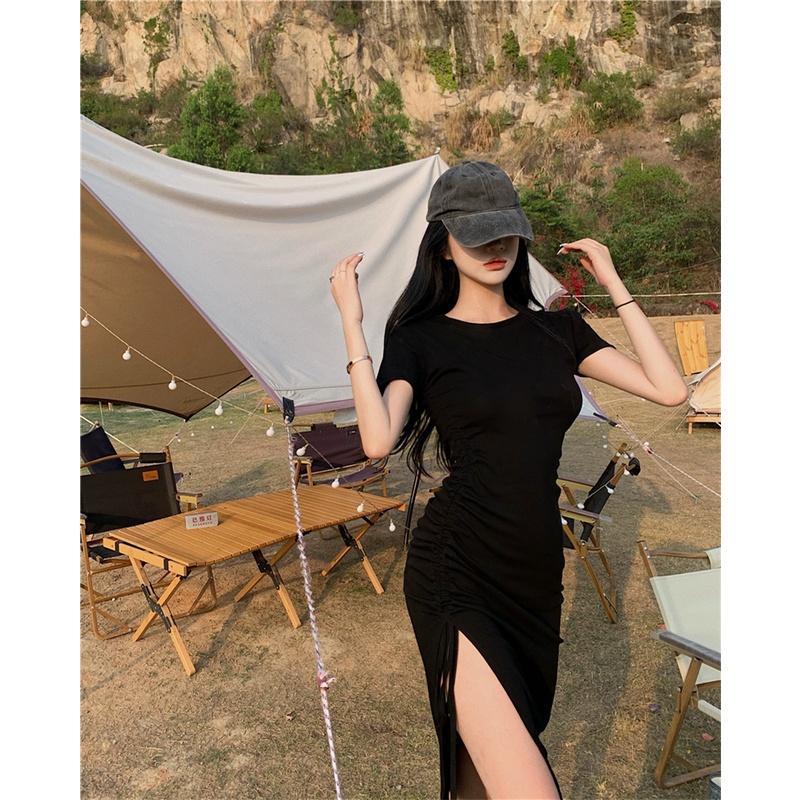 DUNEA Đầm Midi Tay Ngắn Màu Trơn Thiết Kế Xẻ Tà Bên Hông Thời Trang Cho Nữ 3.8