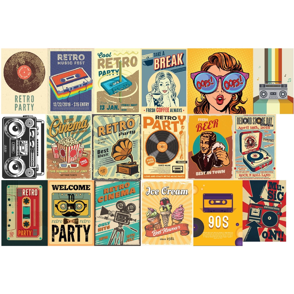 COMBO ~20 HÌNH Decal khổ lớn dán trang trí vintage, RETRO khổ lớn dán Decor phòng, tường .IN THEO YÊU CẦU