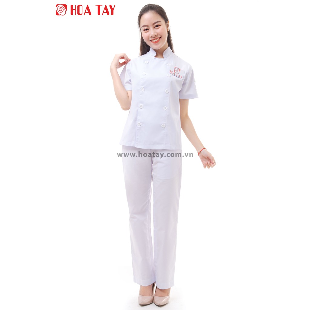 HOA TAY _ Áo Đầu Bếp Nữ Màu Trắng Tay Ngắn Kaki Nhuyễn