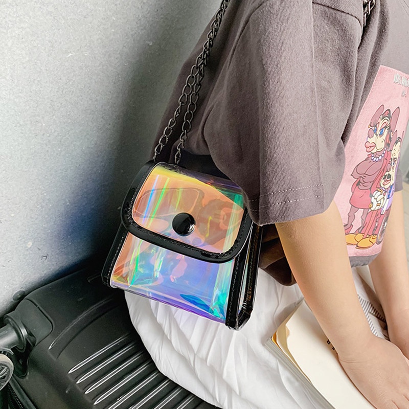 Túi đeo chéo Ielgy dáng vuông thiết kế nhỏ nhắn màu laser trong suốt đáng yêu dành cho bé gái