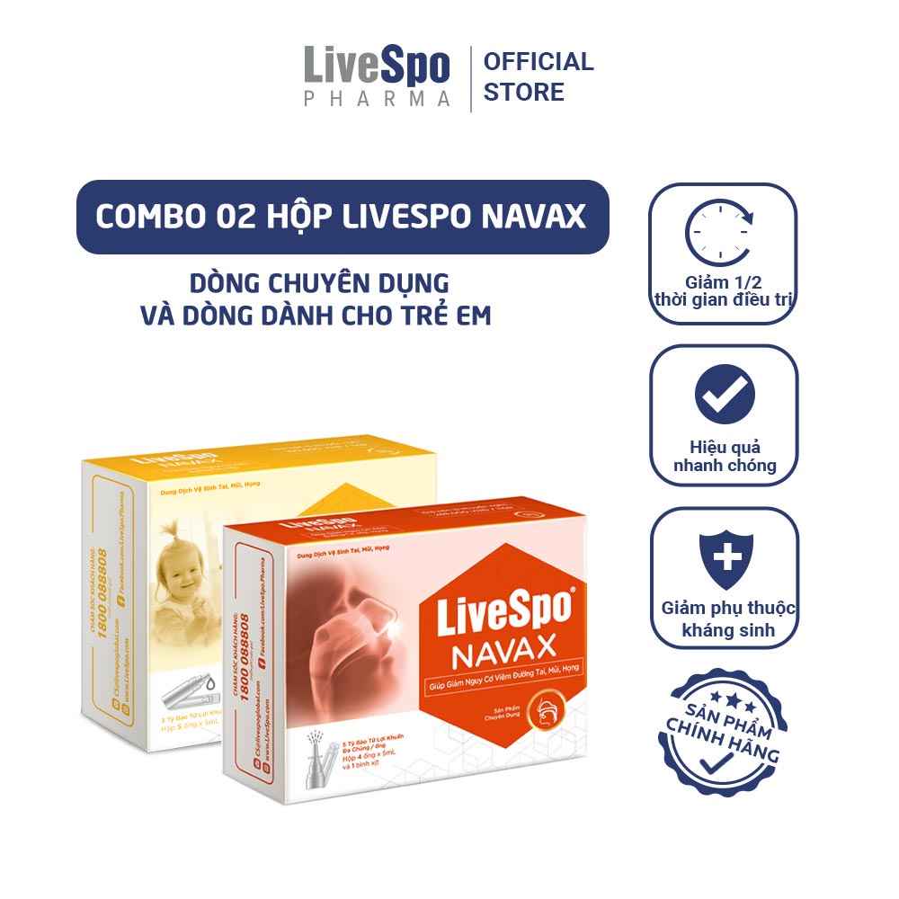 Combo Hộp nước muối sinh lý bào tử lợi khuẩn LiveSpo Navax Kids 5 ống x 5ml và Hộp Livespo Navax chuyên dụng 4 ống x 5ml