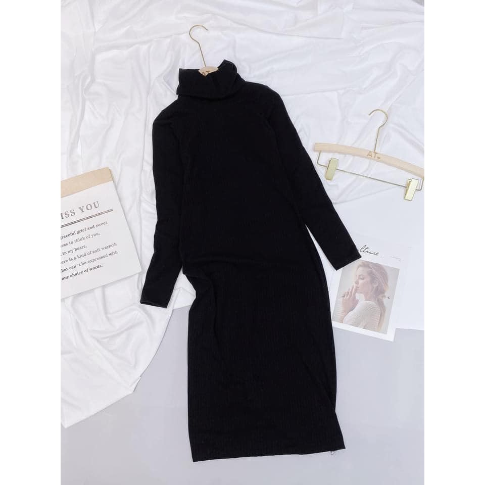 Váy Midi Len Cổ Lọ Nữ [FREESHIP]  Đầm suông dáng dài co dãn màu đen trơn bánh bèo tiểu thư Ulzzang HOT