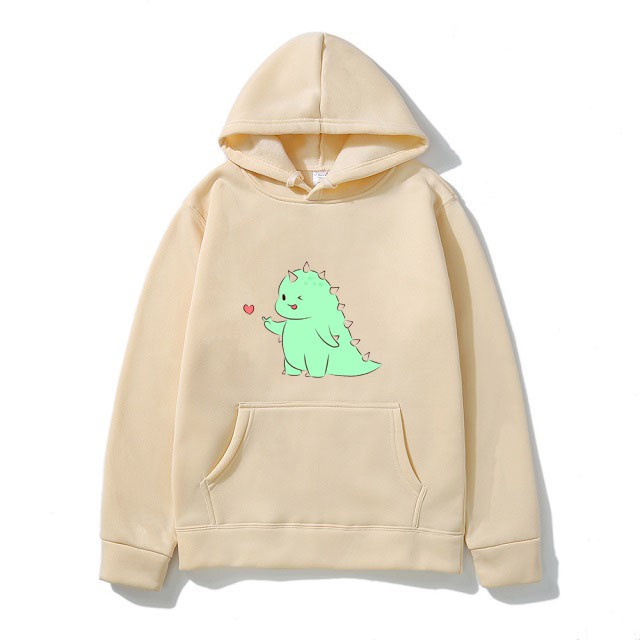 Áo Hoodies Ulzzang Nam Nữ Thu Đông Ấm Áp Chất Nỉ Mềm Mịn Không Nhăn, Không Xù In 3D Cartoon Khủng Long Bắn Tim Xinh Cute