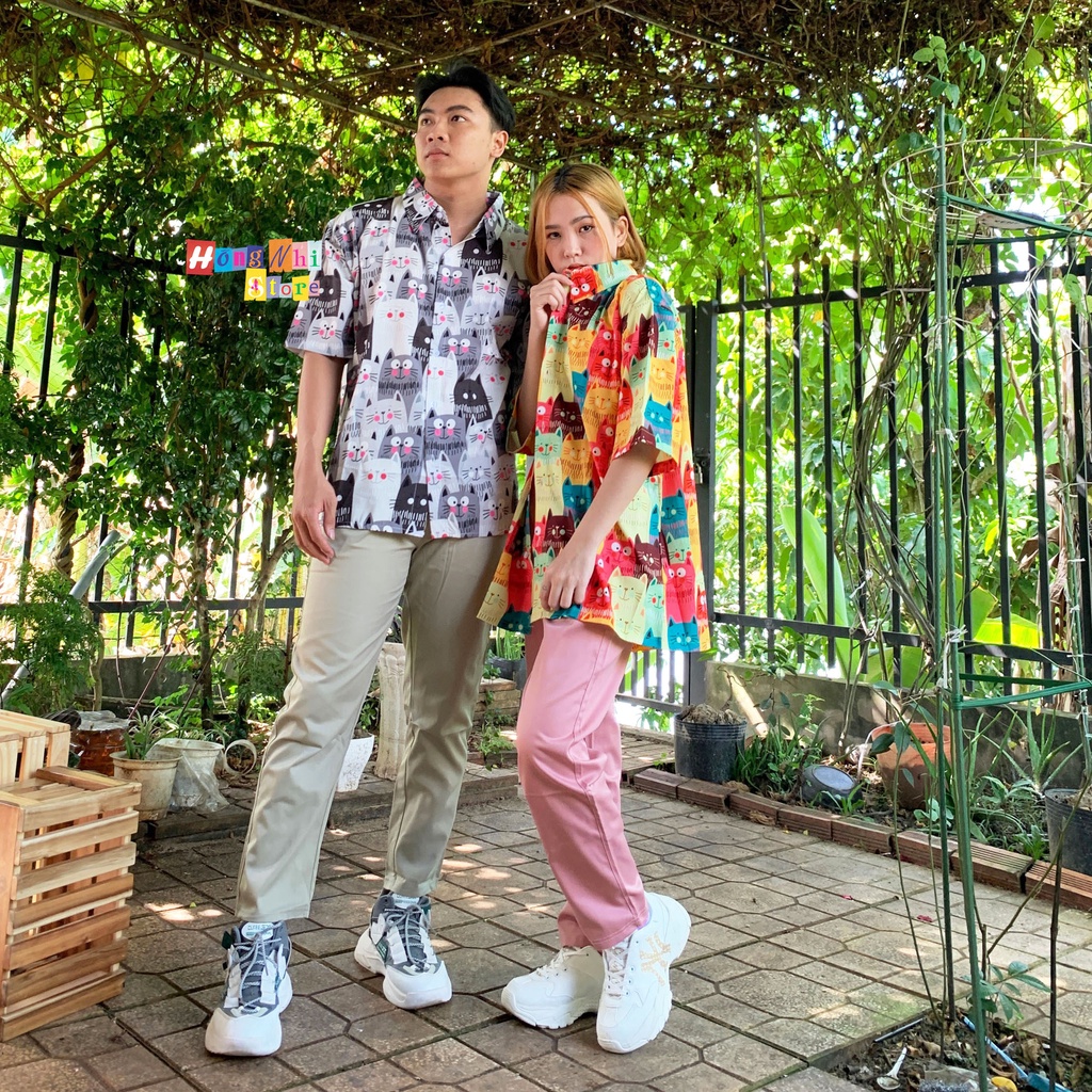 Áo Sơ Mi Họa Tiết Con Mèo May Mắn Tay Lỡ Dáng Rộng Ulzzang Unisex, Sơ Mi Đi Biển - MM