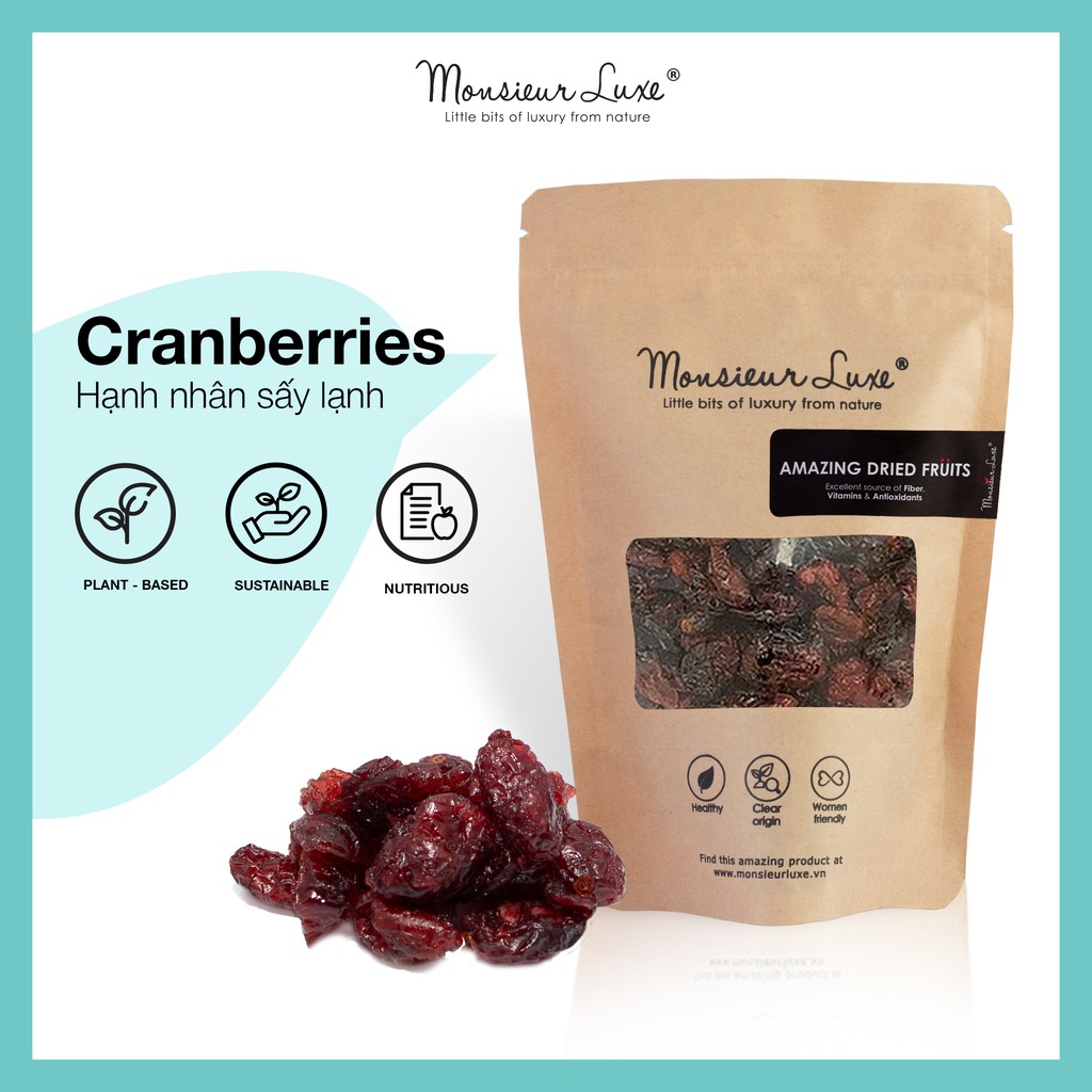 Nam việt quất Luxe (Cranberries) 500g- Giàu Vitamin-C, Tốt cho Mẹ Bầu, Ngừa Ung thư, Ít Đường