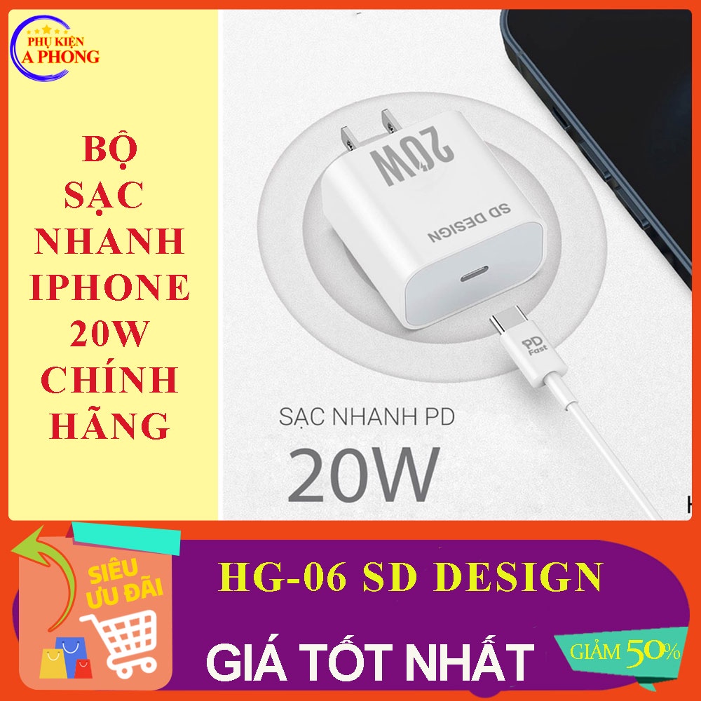 Sạc IPHG 06 SD DESIGN nhanh 20W,dây sạt nhanh IPtype-C to cho 6,7,8,X,11,12,13 Pro Max BH 12 tháng