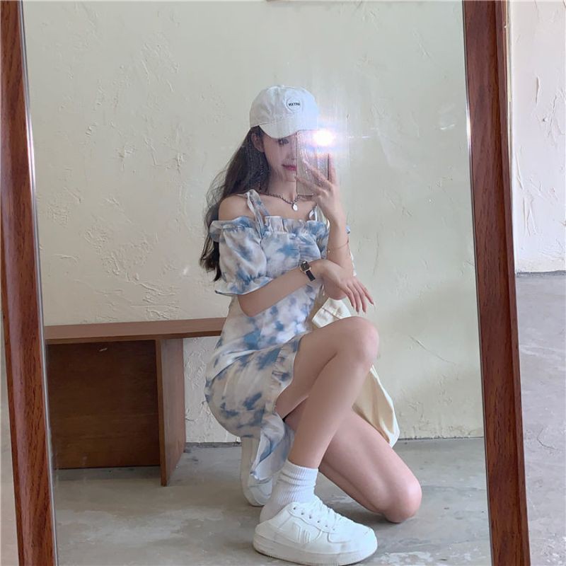 [Order- ảnh thật] Đầm thiết kế hot girl màu loang xanh trắng blue sky có 2 dáng váy