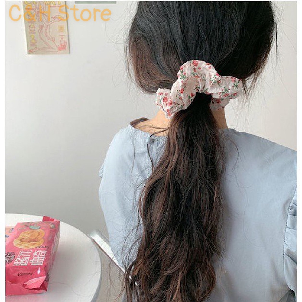 Dây cột tóc Scrunchies vải lưới hoa cúcDây buộc tóc vải lụa hoa cúc dễ thương cá tính phong cách Ulzzang Hàn Quốc CT1