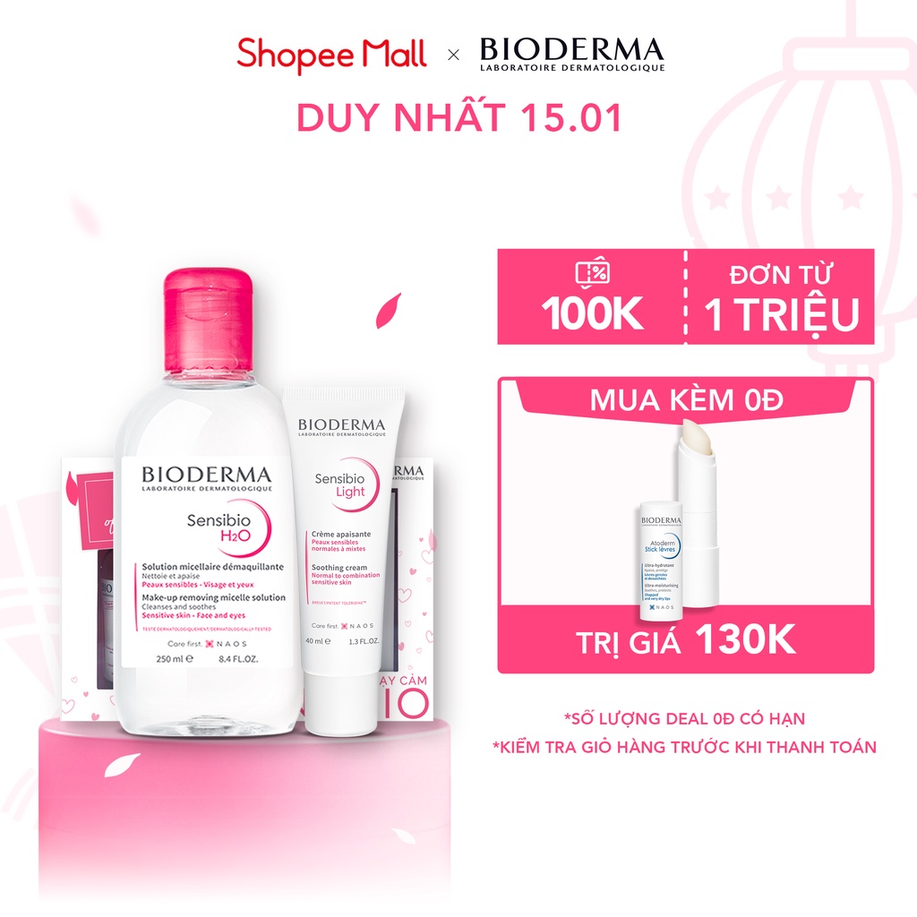 Bộ dung dịch làm sạch và tẩy trang cho da nhạy cảm Bioderma 250ml và kem dưỡng ẩm Bioderma 40ml (Tặng bông tẩy trang)