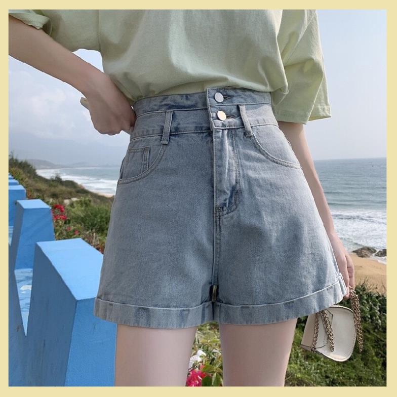 Quần sooc ngố bò jean nữ ống suông rộng short jean cạp cao phong cách Hàn Quốc MS02
