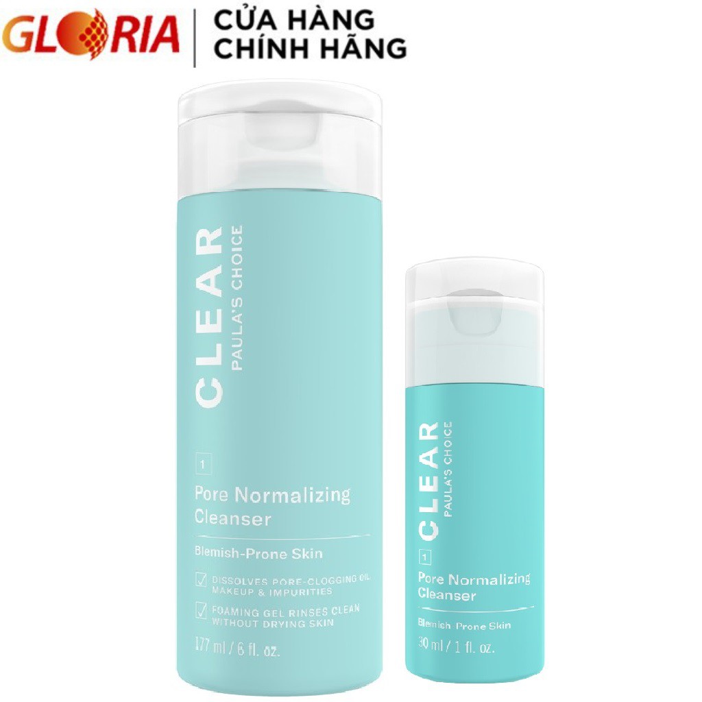 Sữa Rửa Mặt Dạng Gel Ngăn Ngừa Mụn Và Se Khít Lỗ Chân Lông Paula’s Choice Clear Pore Normalizing Cleanser 30ml Và 177ml