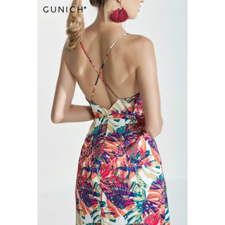 Đầm maxi lụa đan dây lưng họa tiết lá đỏ Gunich
