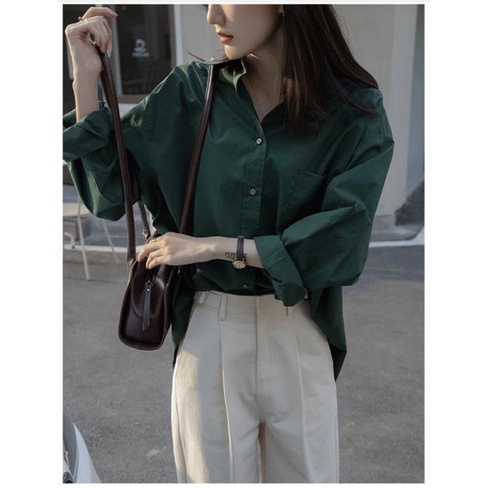 Shirt dark green women's shirt 2022 new spring and autumn retro Hong Kong style French minority pure color shirt design sense top Z2