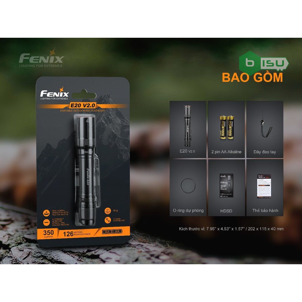 ĐẠI LÝ ĐỘC QUYỀN FENIX - Đèn pin Fenix - E20 V2.0 - 350 Lumens