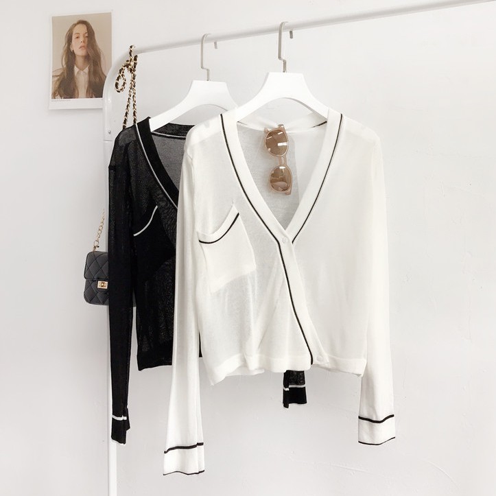 Áo Khoác Cardigan Dệt Kim Mỏng Cổ Chữ V Dáng Rộng Màu Sắc Tương Phản Thời Trang Mùa Hè Quyến Rũ