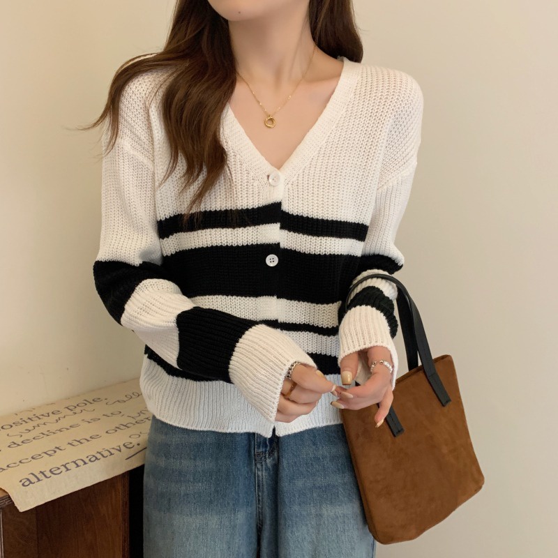 ZHELIHANGFEI Áo Cardigan Dệt Kim Tay Dài Cổ Chữ V Lưng Cao Kẻ Sọc Dễ Phối Đồ