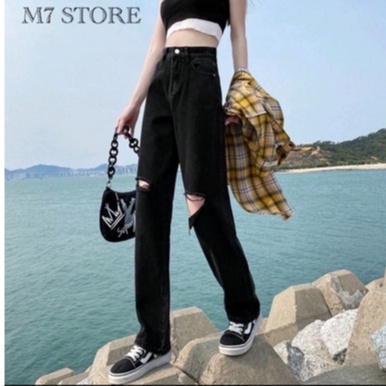 Quần jean nữ ống rộng cạp cao rách kiểu chất bò mềm không dãn