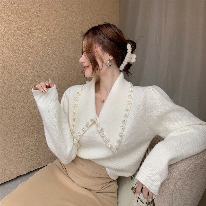 Set Áo Len Tay Phồng Cổ Chữ V Đính Hạt + Chân Váy Lưng Cao Thời Trang Cho Nữ | BigBuy360 - bigbuy360.vn