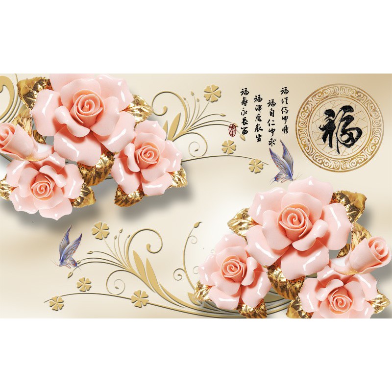 Tranh dán tường 3d hoa hồng trang trí phòng phủ giá rẻ đẹp chất liệu decal pp keo sẵn bóc dán atk 9