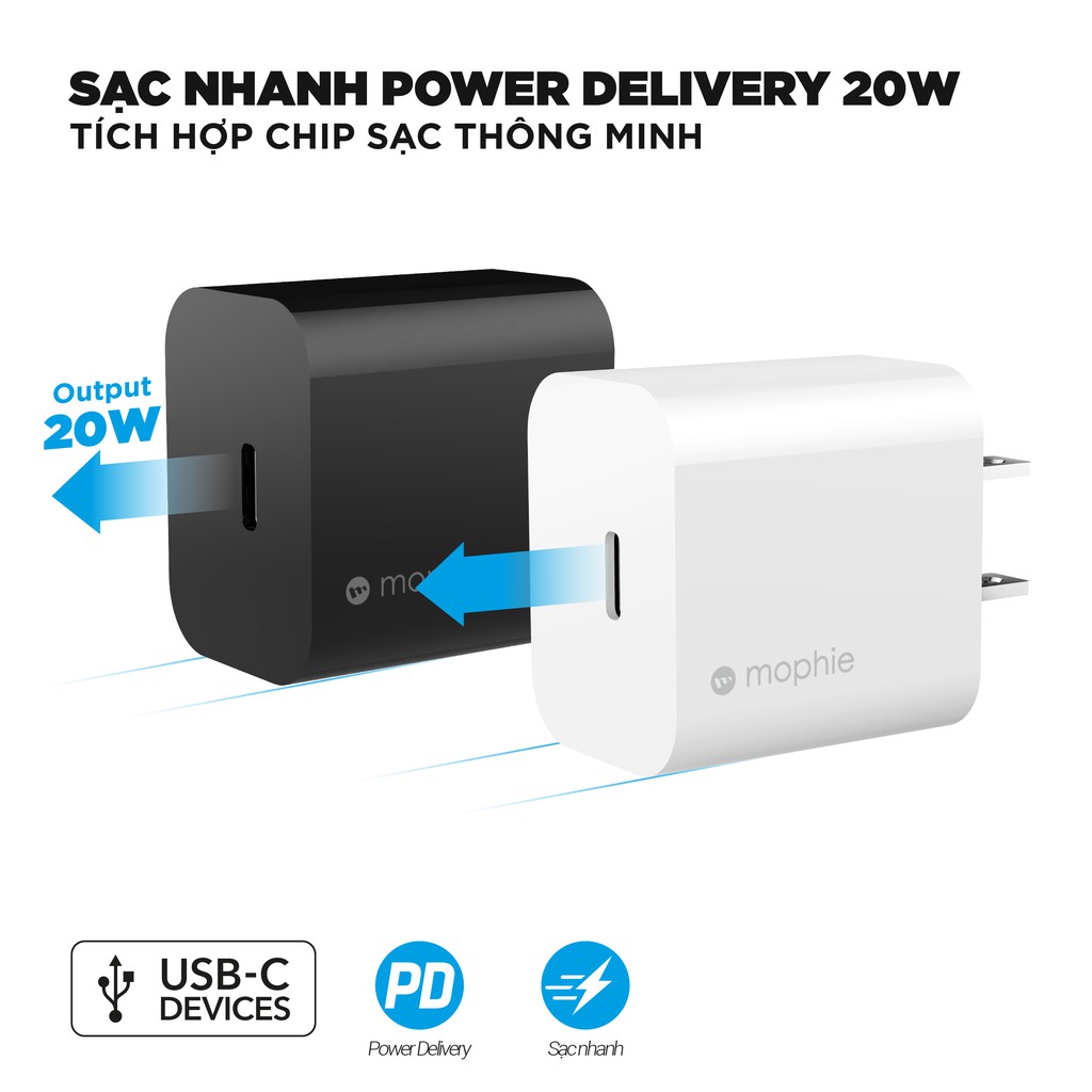 [Mã 88ELSALE giảm 7% đơn 300K] Combo sạc nhanh Mophie Power Delivery 20W USB-C-Cáp USB-C to 1M cho ip