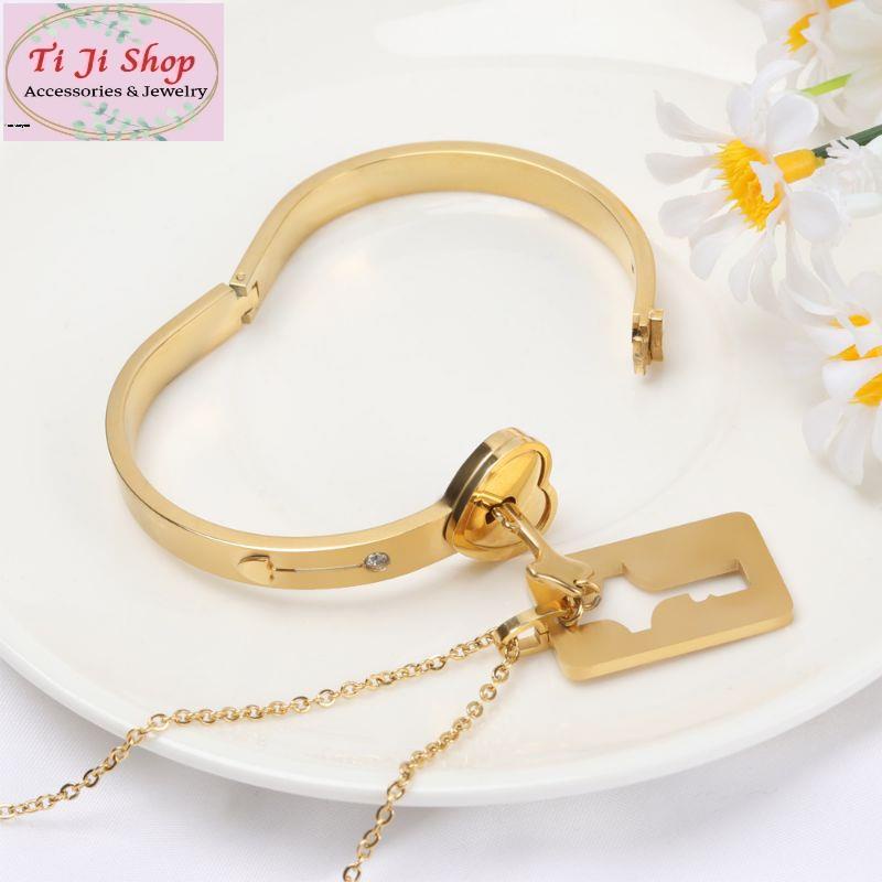 [ Khắc theo yêu cầu ] Bộ dây chuyền vòng tay cặp đôi ổ khóa chìa khóa