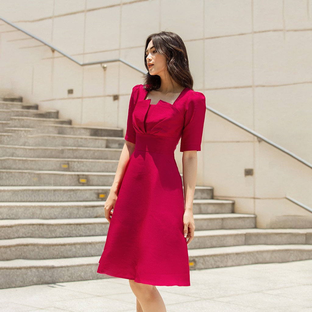 Đầm xòe dự tiệc 2 lớp thời trang Eden tay lỡ cổ vuông cách điệu chất liệu Taffta dày dặn đúng form - D440