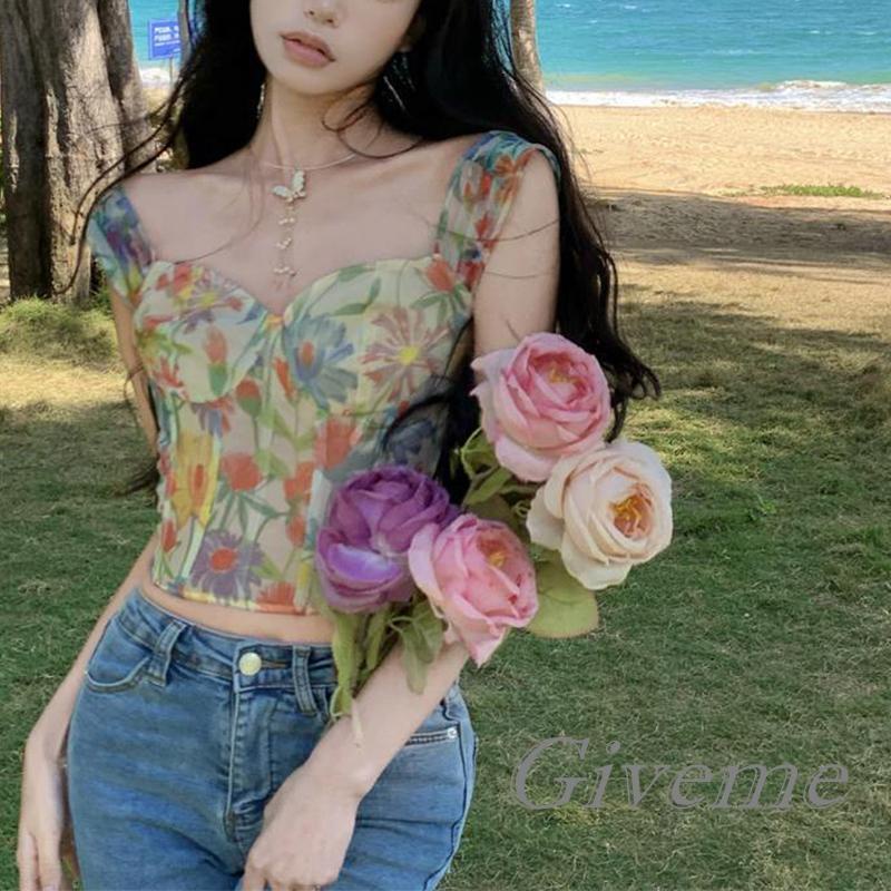 Áo Lửng Hai Dây Họa Tiết Hoa Ngọt Ngào Thời Trang Mùa Hè Cho Nữ