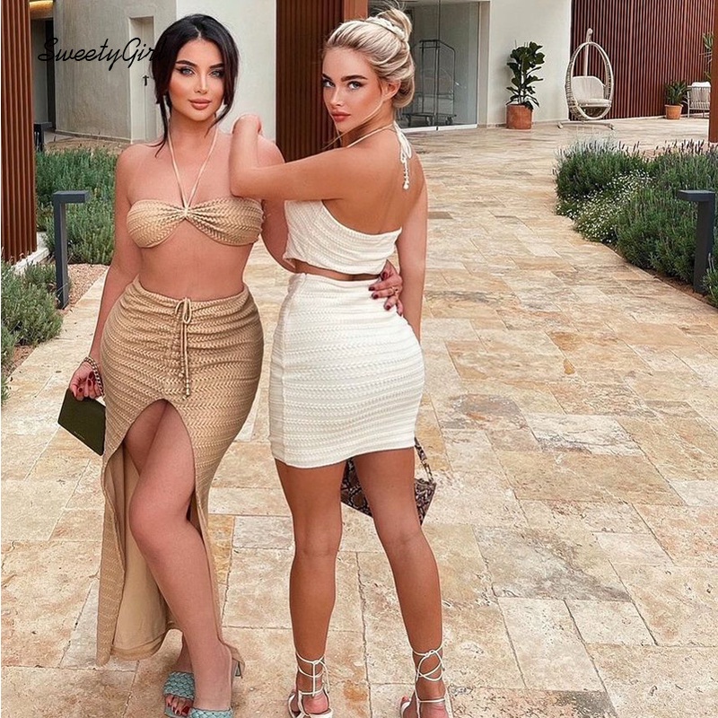 Set Áo Cổ Chữ V Hở Lưng + Chân Váy Ngắn Xếp Ly Màu Trơn Thời Trang Cho Nữ