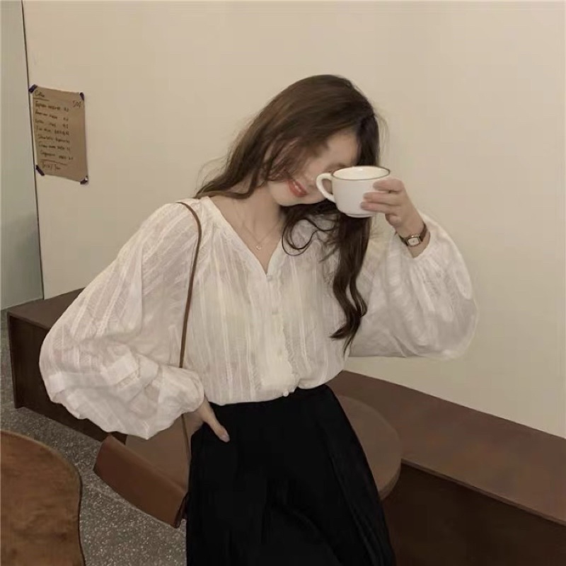 Áo Sơ Mi Nữ Tay Bồng Phối Cúc Ngọ.c Form Rộng Tiểu Thư (ẢNH THẬT+VIDEO)