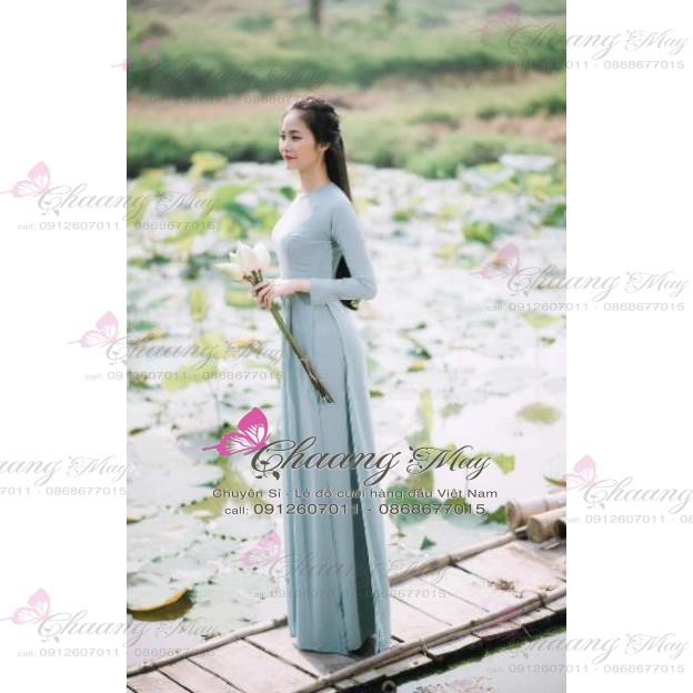 Áo dài lụa trượt tằm 4 tà màu xanh ngọc đá
