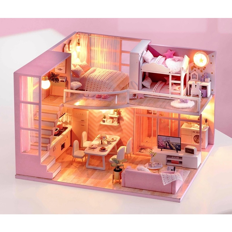 (Tặng mica,keo sữa,đèn)Mô hình gỗ đô chơi nhà búp bê bé tự lắp ráp diy doll house L026