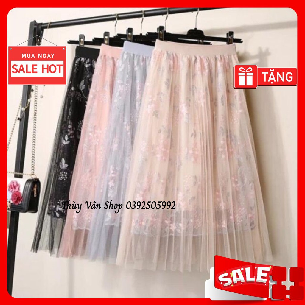 Chân váy maxi voan lưới thêu hoa sang chảnh loại 1 (sẵn hàng)